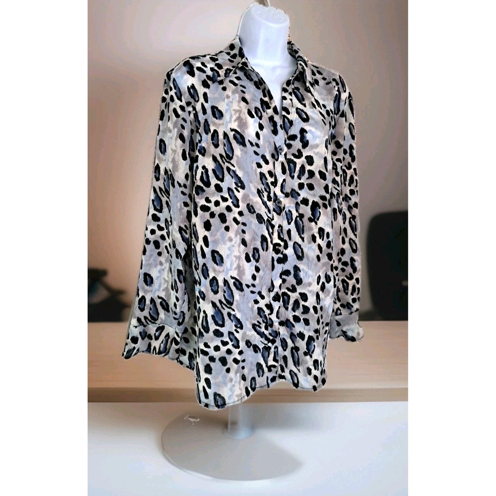 JM Collection Blouse 18W Animal Print Crinkle Gauze Button Front Long Sleeve